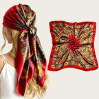 Large satin square scarf in red with gold paisley and chain print, tied head wrap