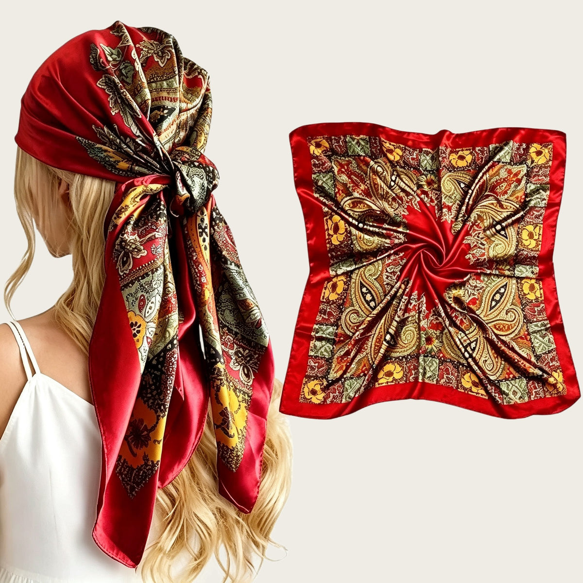 Large satin square scarf in red with gold paisley and chain print, tied head wrap