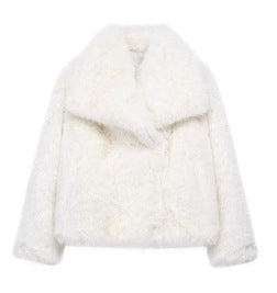 White cropped faux fur jacket with oversized collar and short, fluffy sleeves