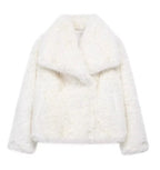 White cropped faux fur jacket with oversized collar and short, fluffy sleeves