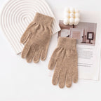 Camel knit winter gloves with ribbed cuffs and five-finger design