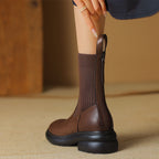 Women's brown leather sock boots with ribbed knit shaft and back zipper detail
