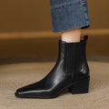 Black square-toe Chelsea pull-on ankle boots with side elastic gore and block heel