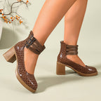 Brown croc-embossed platform ankle strap pumps with block heels and triple buckle cuff