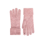 Pink knit touchscreen gloves with ribbed fold-over cuffs and bow embroidery
