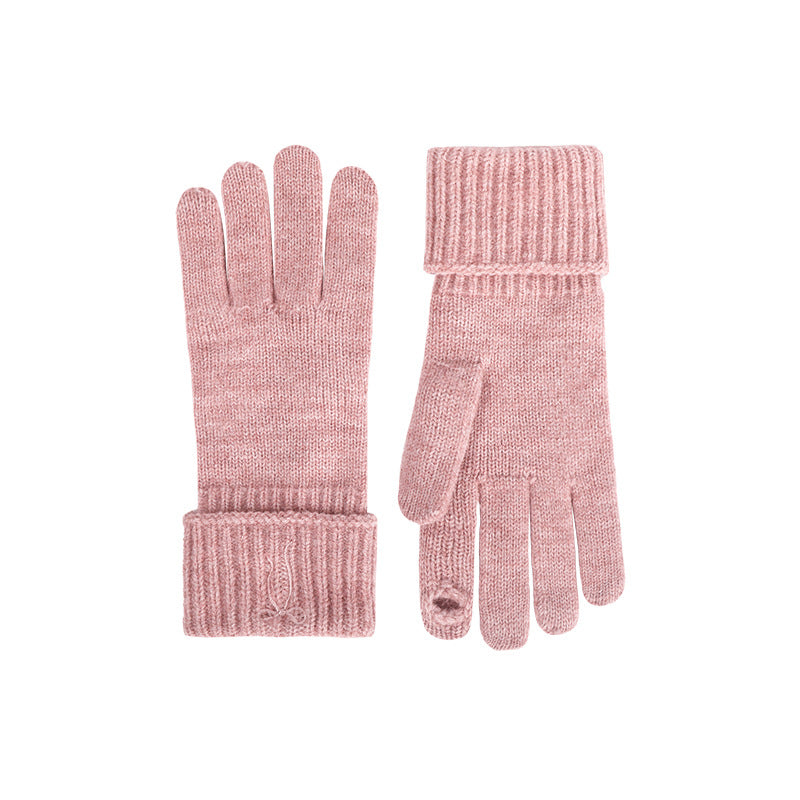 Pink knit touchscreen gloves with ribbed fold-over cuffs and bow embroidery