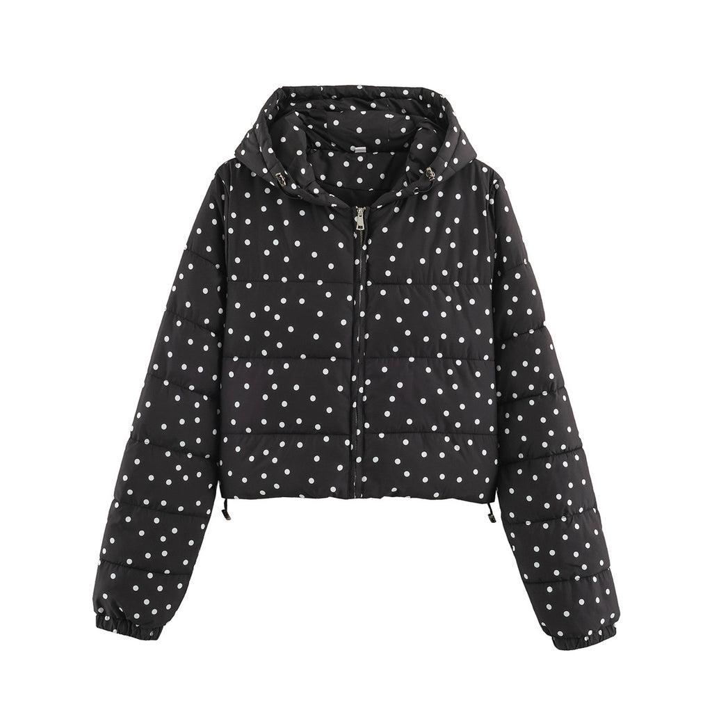 Cropped hooded puffer jacket with white polka dots, front zipper, elastic cuffs.