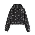 Cropped hooded puffer jacket with white polka dots, front zipper, elastic cuffs.