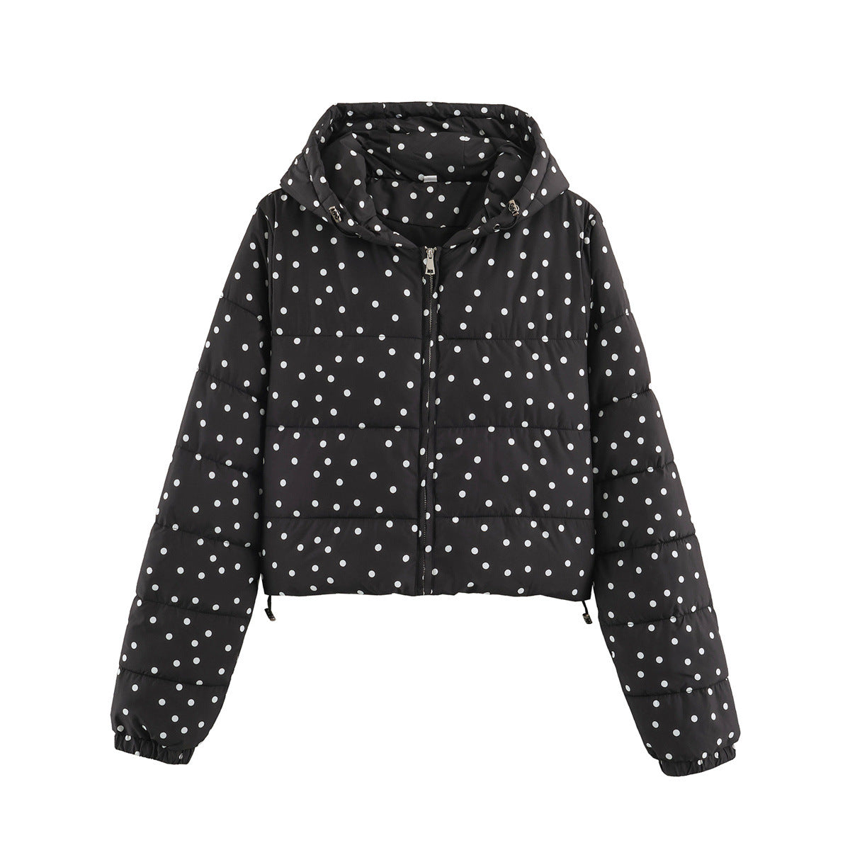 Cropped hooded puffer jacket with white polka dots, front zipper, elastic cuffs.