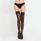Black sheer thigh-high stockings with lace tops, matching brief set shown