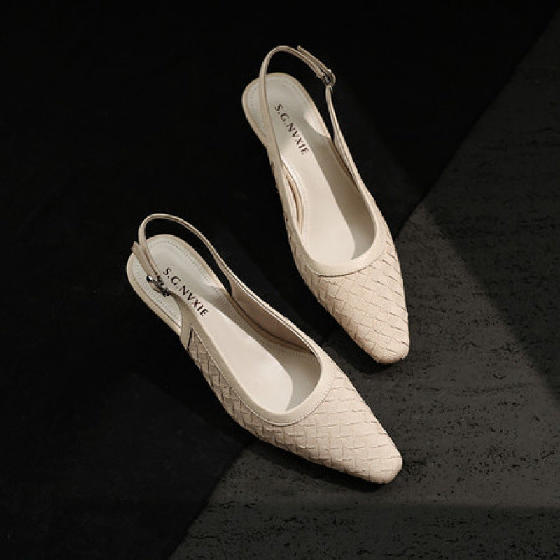 Off-white woven slingback wedge pumps with pointed toe and ankle strap