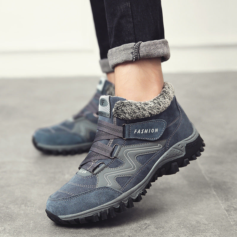 Denim blue snow boots with faux fur lining, hook-and-loop straps, lug sole