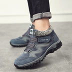 Denim blue snow boots with faux fur lining, hook-and-loop straps, lug sole