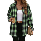 Green and black plaid oversized button-down shirt with long sleeves and front buttons