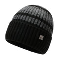 Striped knit beanie in dark gray with light stripes and metal badge on front