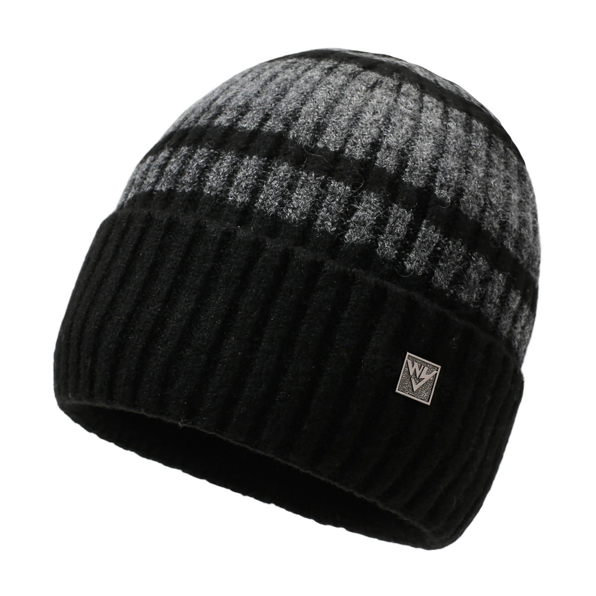 Striped knit beanie in dark gray with light stripes and metal badge on front