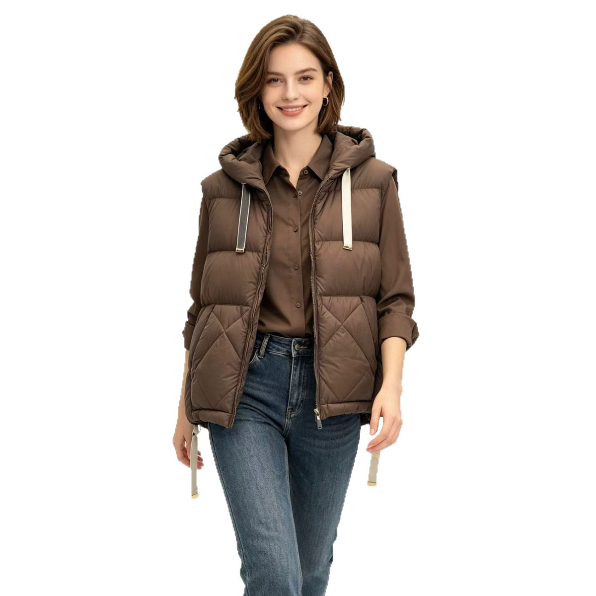 Brown women's hooded puffer vest with diamond quilting and zip front, sleeveless