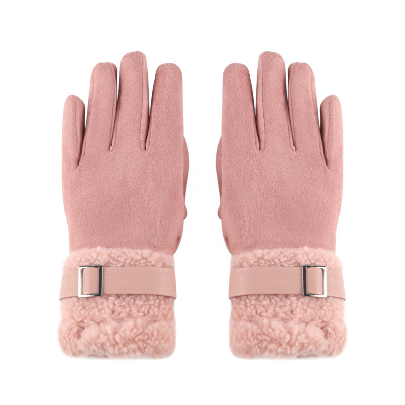 Women's light pink suede winter gloves with fleece cuffs and adjustable square buckle strap