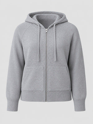 Light gray knit zip-up hoodie with hood, drawstring, front zipper and patch pockets