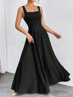 Black sleeveless square-neck maxi dress with pleated flared skirt