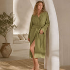 Women’s lightweight cotton robe in olive green with V-neck, tie belt, and pockets