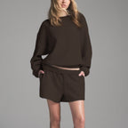 Dark brown oversized crew neck sweatshirt with matching drawstring lounge shorts set.