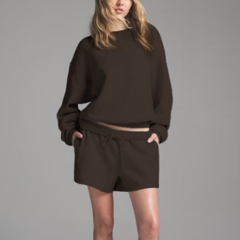 Dark brown oversized crew neck sweatshirt with matching drawstring lounge shorts set.
