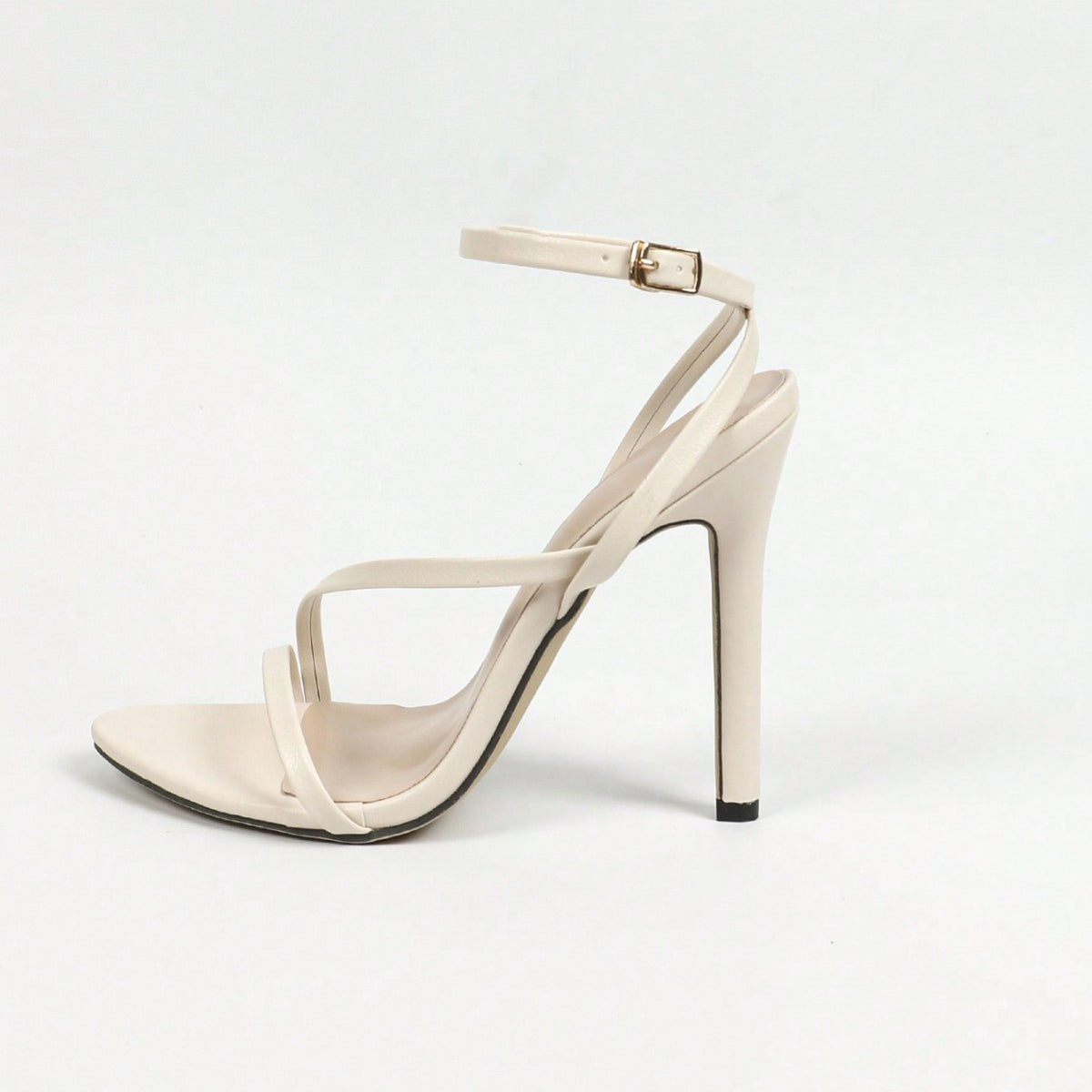 Off-white open-toe strappy stiletto heels with ankle strap and buckle detail
