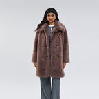 Taupe-brown shaggy faux fur coat, wide collar, double-breasted front with brass buttons