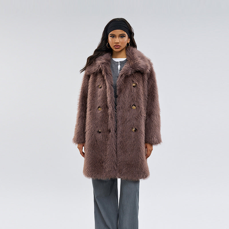 Taupe-brown shaggy faux fur coat, wide collar, double-breasted front with brass buttons