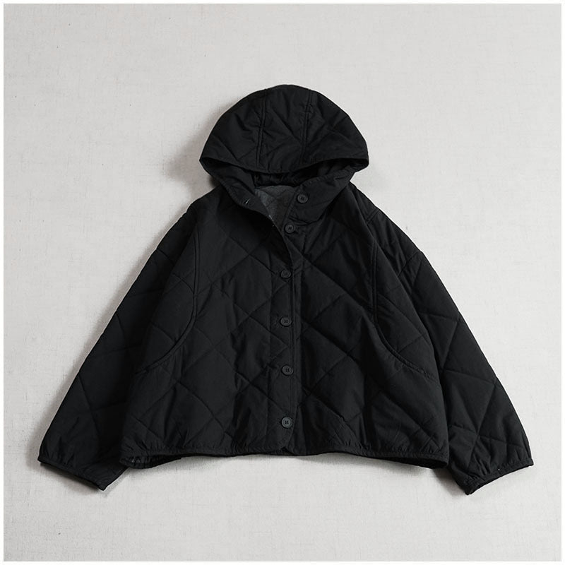 Women’s quilted hooded jacket, black button front with diamond quilting and long sleeves