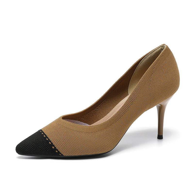 Women’s tan and black knit stiletto pumps with pointed toe and tapered heel.