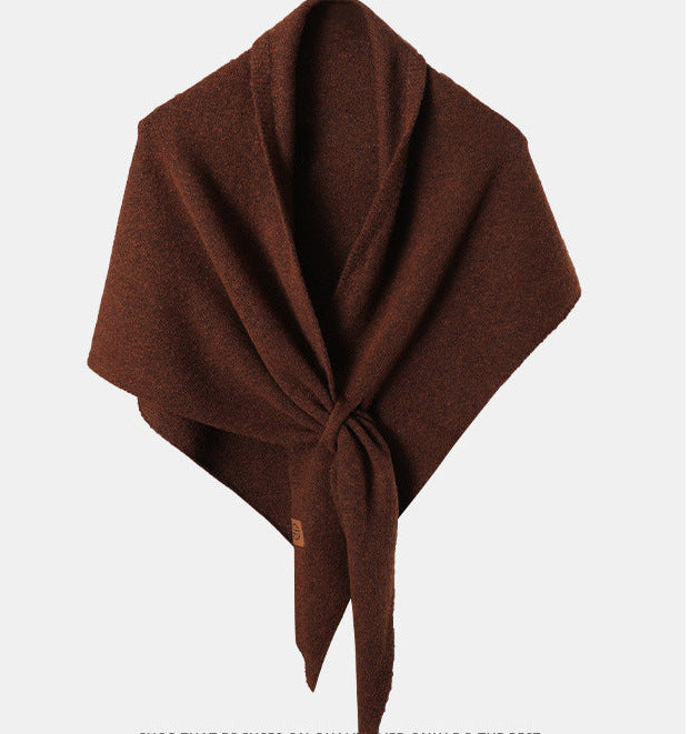Women’s cashmere triangle scarf, dark brown knit with tied center knot