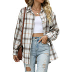 Plaid button-down shirt in white and gray with orange lines, oversized fit