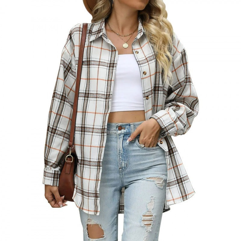 Plaid button-down shirt in white and gray with orange lines, oversized fit