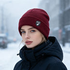 Wine red ribbed knit beanie with fleece lining and logo patch