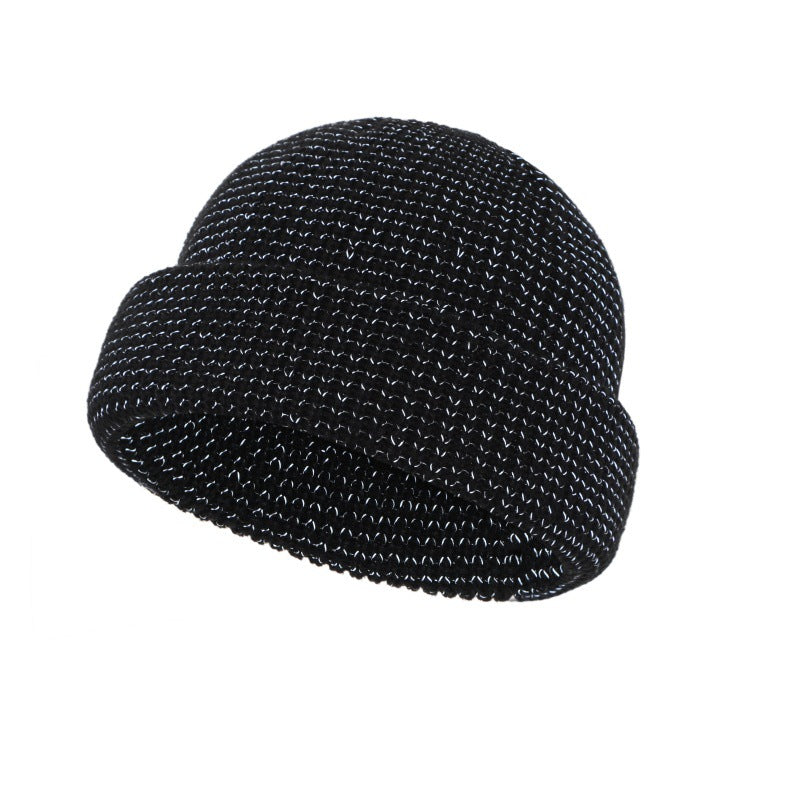 Black reflective waffle-knit fisherman beanie with folded cuff