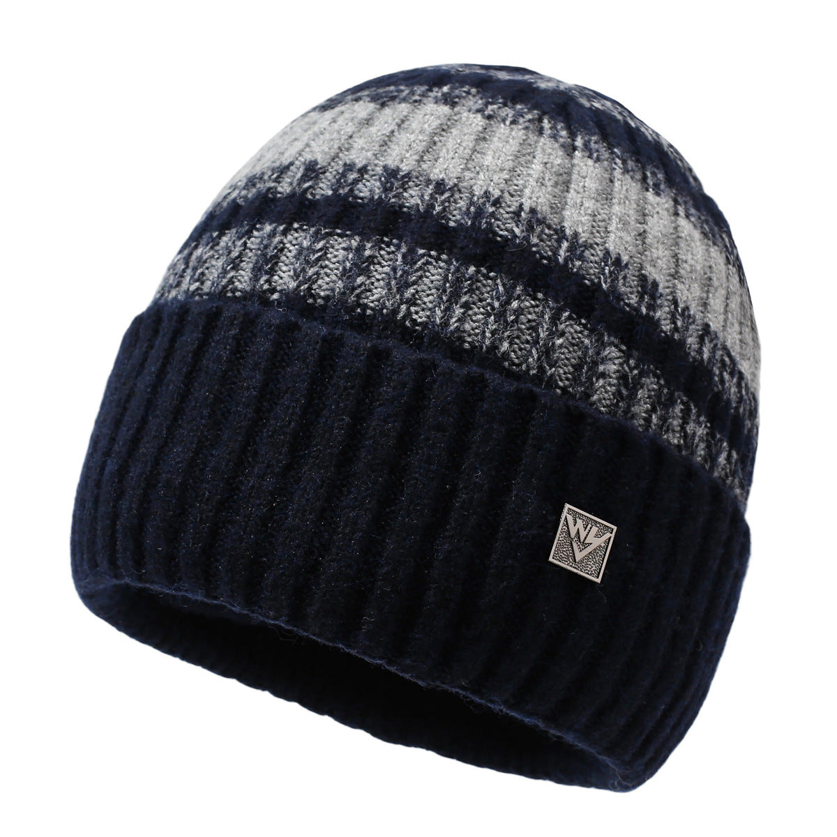 Striped knit beanie in navy blue with gray stripes and metal badge on cuff