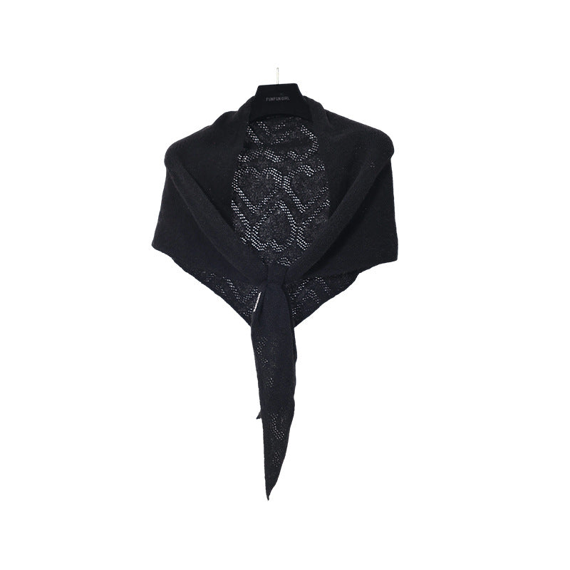 Black triangle scarf with heart-pattern pointelle openwork, displayed tied on a hanger.