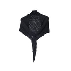 Black triangle scarf with heart-pattern pointelle openwork, displayed tied on a hanger.