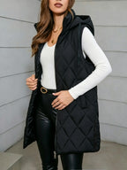 Black hooded quilted puffer vest, sleeveless long cut with front zipper and pockets