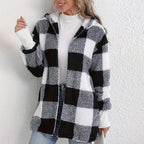 Women’s hooded buffalo-check sherpa jacket, black-and-white plaid, textured sherpa fleece