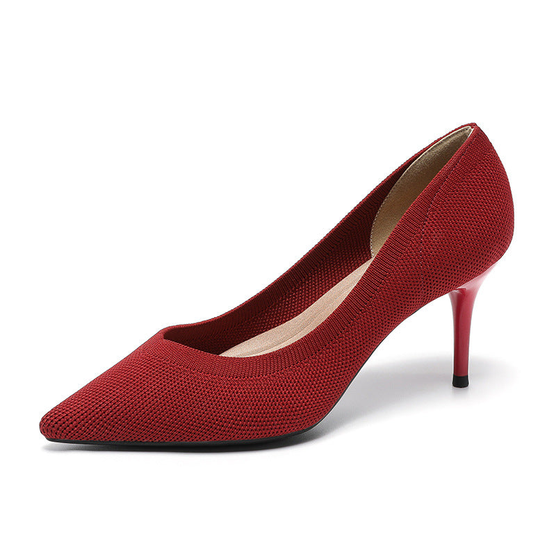 Women's pointed-toe knit stiletto pumps, red, side view