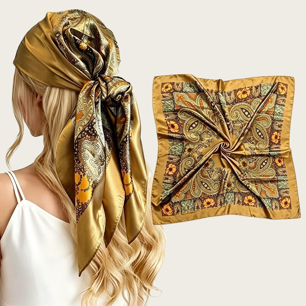 Large satin square scarf in gold with brown and black paisley print, tied head wrap