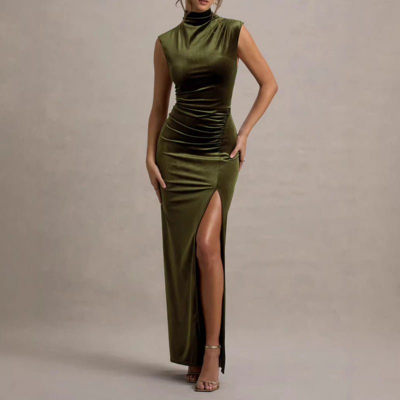 Olive green velvet maxi dress with mock neck, ruched bodycon fit, high slit