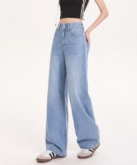 Women's wide-leg jeans, light wash blue, high rise with button fly and belt loops