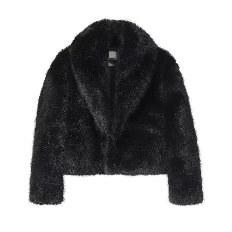 Cropped faux fur jacket with shawl collar, black, front view