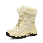 Women’s mid-calf faux fur lace-up snow boots in beige, quilted upper and lug sole