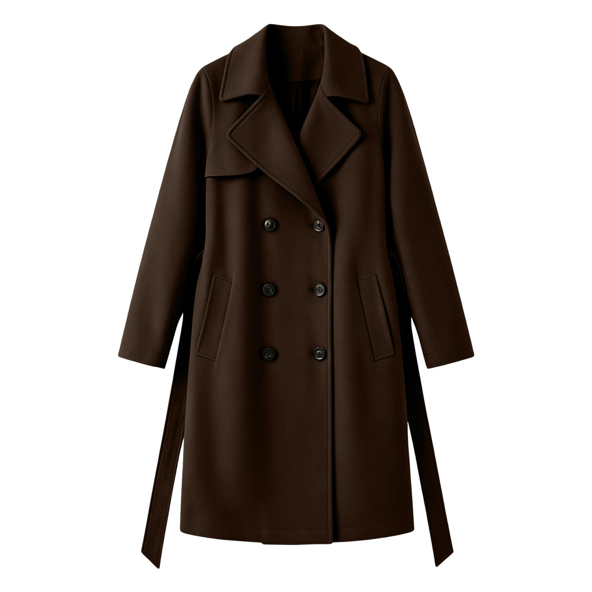 Double-breasted wool-blend overcoat, dark brown, notched lapels, button front