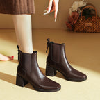 Women’s leather Chelsea ankle boots with square toe, stacked block heel, back zip